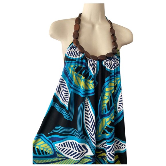 vtg Y2K Halter Midi Dress Hawaiian resort cruise wear beach Wooden Beads Sz XL - Picture 6 of 11